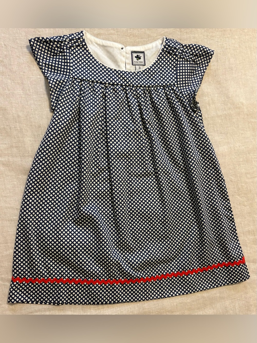Busy Bees Girls Size 3 Navy White Check Geometric Dress Red Ric Rac Trim Flutter